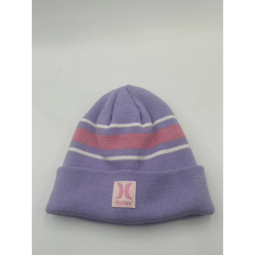 Hurley Youth Beanie Purple Pink White Striped Knit Winter Hat Logo Patch B964